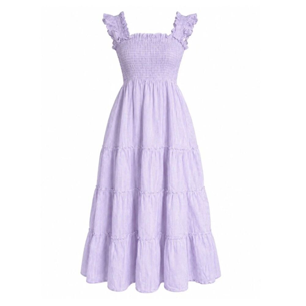 Hill House Home Ellie Nap Dress Lilac Stripe Linen XXS Smocked Ruffle Midi
